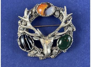 Scottish Silver Stag Pin With Polished Agate Stones Brooch