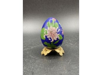 Blue Floral Asian Cloisonne Egg And Gold Tone Butterfly Stand