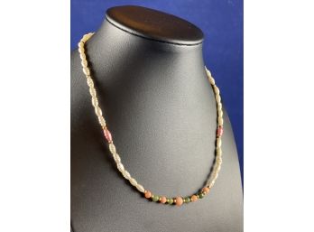 Freshwater Pearl Necklace With Gold, Coral And Jade Accents, Barrel Clasp, 14'