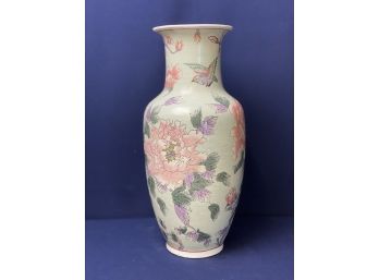 Beautiful Large Peony Vase With Bird, Hand Painted In Macau