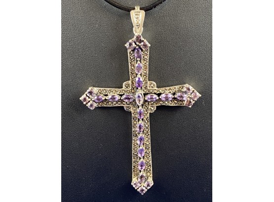 Vintage Sterling Silver, Amethyst And Marcasite Cross, Stunning And Large