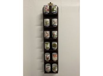 Japanese 12 Collector Cups With Birds And Display Shelf