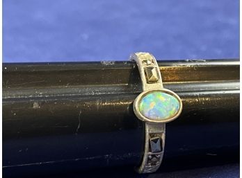 Vintage Sterling Silver, Opal And Marcasite Ring, Size 7