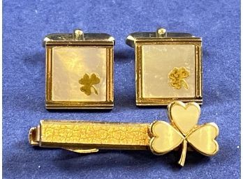 Mother Of Pearl & Irish Clover Mens Cuff Links And Tie Bar