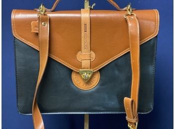 Vintage Moda Italiana Leather, 2 Tone Black & Brown Leather Messenger Laptop Briefcase Travel Tote Bag