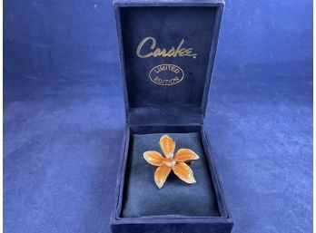 Vintage Enamel Orchid Flower Brooch - AB Rhinestones, Carolee Limited Edition, In Original Box
