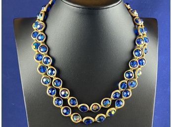 Vintage Blue Crystal And Gold With Bow Clasp Necklace, 16'