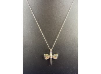 Sterling Silver & Abolone Dragonfly Pendant And Chain, 18'