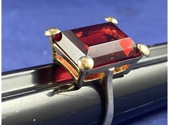 Gold Over Sterling Silver Ring With Emerald Cut Red Stone, Size 9