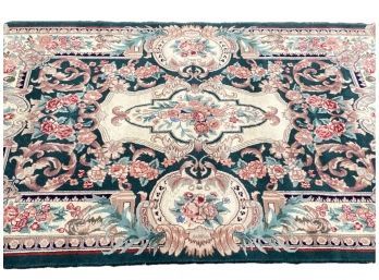 Asian Patterned Wool Rug, Pink & Green 4' X 6'6'