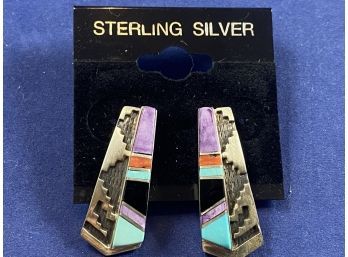 Sterling Silver & Turquoise Inlay Southwestern Earrings