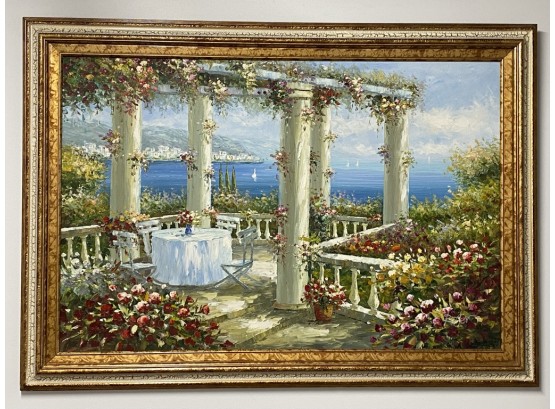 Floral Patio Seascape, Oil On Canvas, Artist Roger