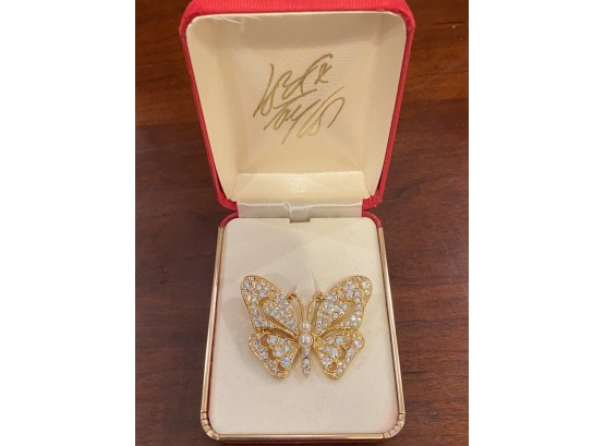 Vintage Lord And Taylor Butterfly Rhinestone And Pearl Pin Brooch