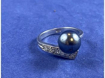 Sterling Silver & Black Pearl Bypass Ring, Size 9