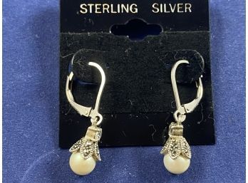 Sterling Silver & Marcasite Pearl Earrings