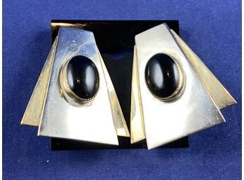 Vintage Black Onyx Signed Mixed Metal Pierced Earrings
