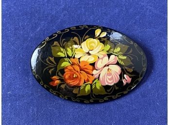Vintage Russian Hand Painted Black Lacquer Brooch Pin, Signed