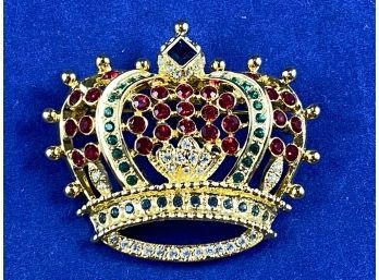 Stunning Brilliant KJL Crown Brooch Pin, Gold Tone With Rhinestones