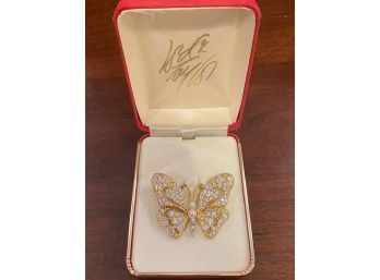 Vintage Lord And Taylor Butterfly Rhinestone And Pearl Pin Brooch