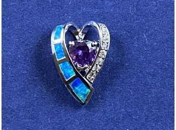 Sterling Silver Amethyst, CZ And Blue Opal Heart Pendant