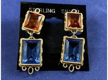 Gold Covered Sterling Silver & Colored Glass, Clip On Earrings