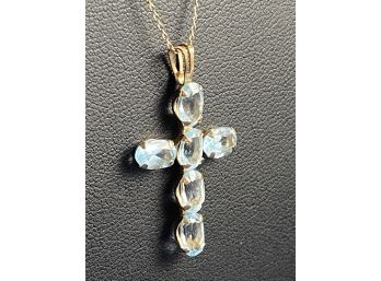 10K Yellow Gold Blue Topaz? Cross Pendant With Matching 19' Chain