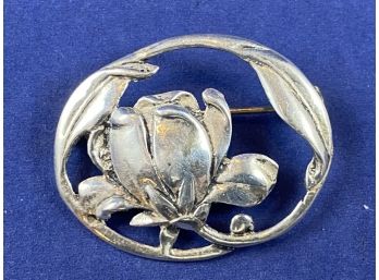 Sterling SIlver Art Nouveau Oval Floral Pin Brooch