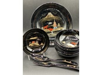Beautiful Japanese Black Lacquer Serving Bowl, Six Bowls, Serving Fork And Spoon