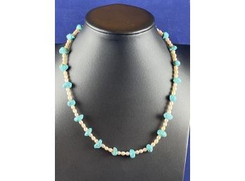 Turquoise, Pearl And Sterling Silver Toggle Clasp Necklace, 17'