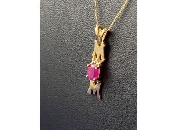 10K Yellow Gold, Ruby Mom Pendant And Chain, 19'