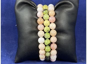 Trio Of Pink And Green Opal Stone Stretch Bracelets - Perfect Stocking Stuffer