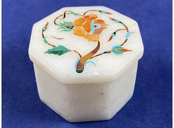 Carved Stone Box With Mother Of Pearl, Coral And Turquoise Inlay