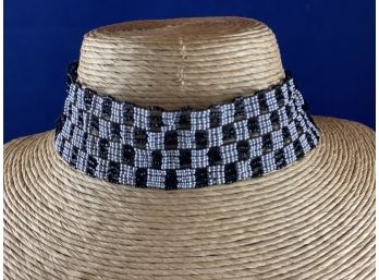 Vintage Micro Seed Bead Choker Necklace, Black & Grey Checkerboard Design, 14'