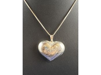 Sterling Silver Box Chain Necklace And Etched Heart Pendant, 24'