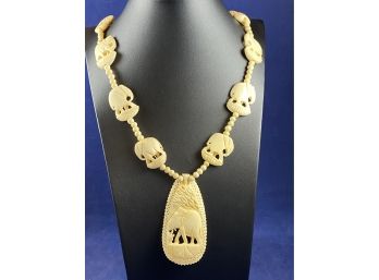 Vintage Hand Carved Bone Elephant Necklace, 28'