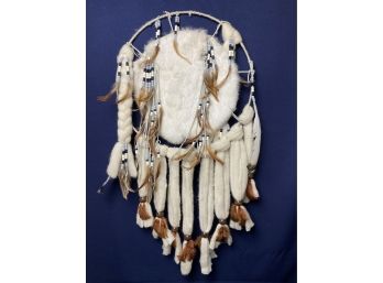Very Large Dream Catcher Fur, Wool, Feather, Leather And Beads