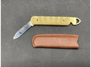 Vintage Gold Tone Pocket Knife In Leather Case