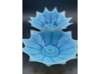 Pair Of Fostoria Glass Heirloom Blue Opalescent Handkerchief Candlestick Holders