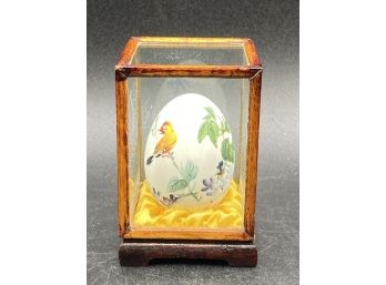 Vintage Floral Asian Handpainted Birds And Floral Egg In Glass & Wood Display Case