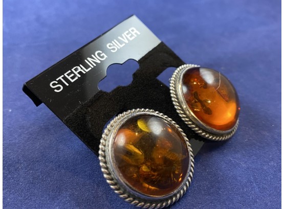 Sterling SIlver Amber Clip On Earrings