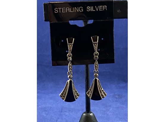 Sterling SIlver Vintage Marcasite And Black Onyx Pierced Earrings