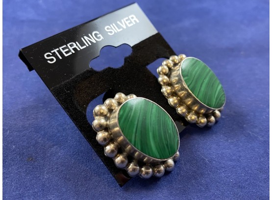 Sterling SIlver Malachite Clip On Earrings, Mexico TC25