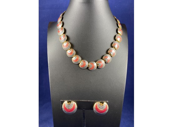 Gray And Rose Gold Tone Enamel Necklace And Matching Clip On Earrings, Italy