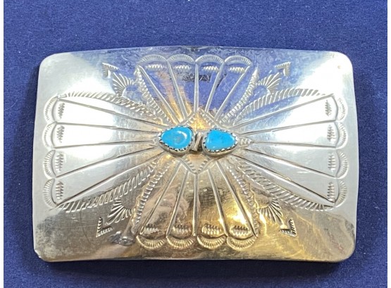 Sterling SIlver And Turquoise Navajo Belt Buckle 2 X 3