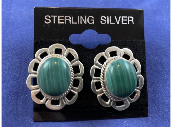 Sterling SIlver Malachite Pierced Earrings, Mexico
