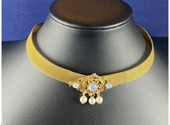 Vintage Victorian Gold Tone Choker Necklace With Moonstone And Pearl Drops