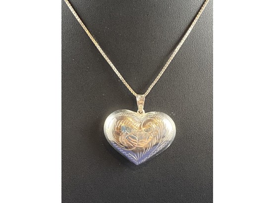 Sterling Silver Box Chain Necklace And Etched Heart Pendant, 24' - Relisted Due To Delinquent Payment