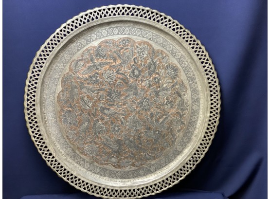 Antique Large Hand Tooled Copper Tray Persian? With Etched Birds