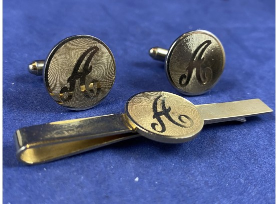 Vintage Gold Tone 'A' Cufflinks And Tie Bar