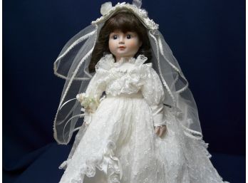 'Spring Bride' Doll In White Lacy Gown With Veil. The Doll Has A Wind Up Music Box In Body. Made By Gorham